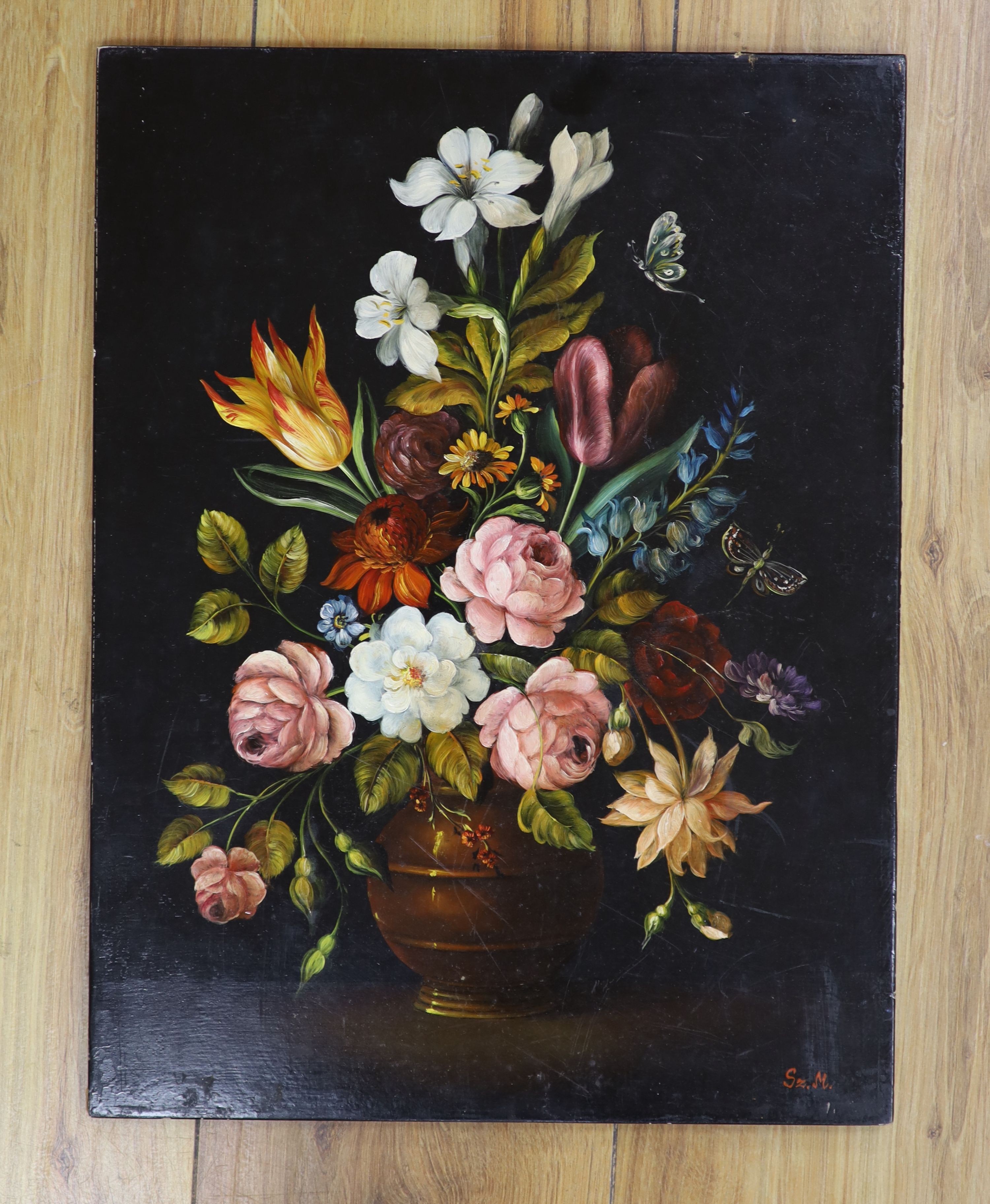 Continental School, oil on panel, Still life of flowers in a vase, 40 x 31cm, unframed